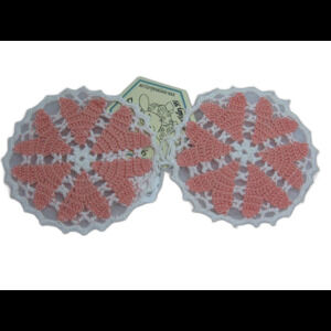 Small Dk Peach and White 2 pc Heart Doily Coaster Set